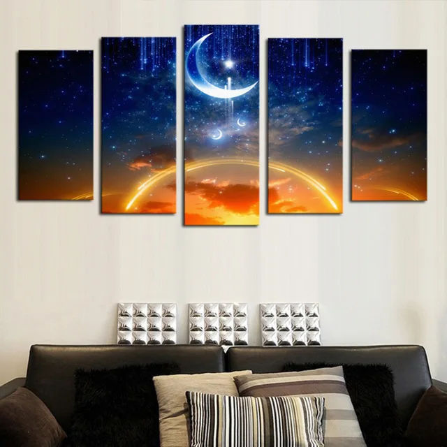 amazing outer space painting star moon 5 panel wall art canvas