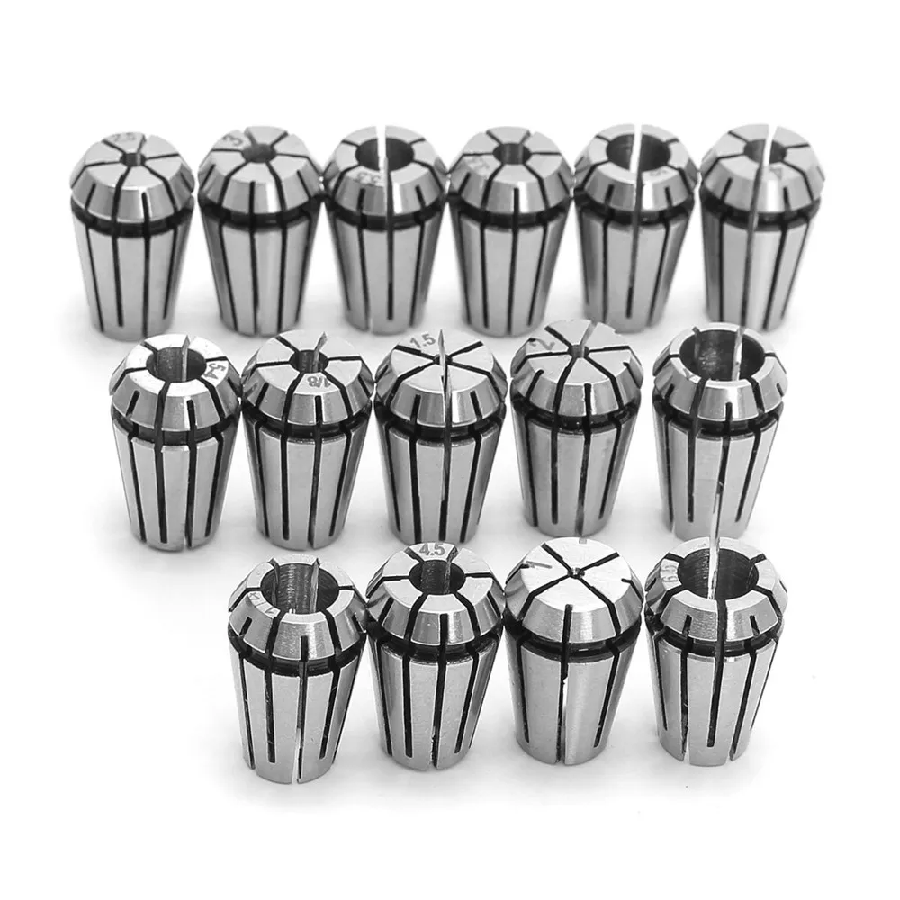 

A set16pcs ER11 1 1.5 2 2.5 3 3.175 3.5 4 4.5 5 5.5 6 6.35 6.5 7 8mm CNC engraving machine spindle chuck