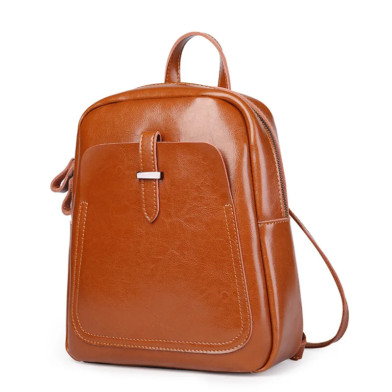

100% Natural Oil Wax Cow Leather Women Backpack Preppy Style Student's School Bag Genuine Leather Small Women's Travel Bag