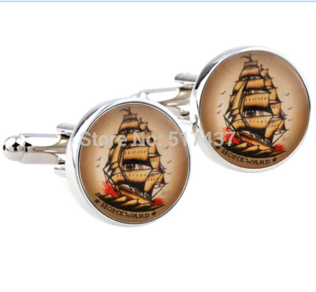 

1 pair wholesale sliver black round cufflinks Ship Glass Cufflinks Sailor Jerry Cuff link cufflinks high quality