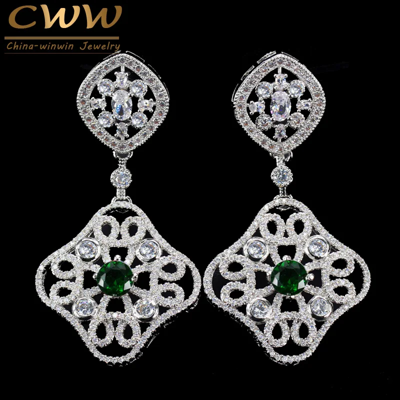 

CWWZircons Brand Top Quality Cubic Zirconia Pave Green Crystal Long Big Earrings For Women Wedding Party Costome Jewelry CZ274