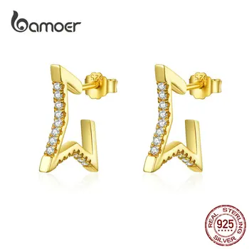 

bamoer Gold Color Geometric Stud Earrings for Women Clear CZ Simple Ear Stud 925 Sterling Silver Korean Fashion Jewelry BSE092