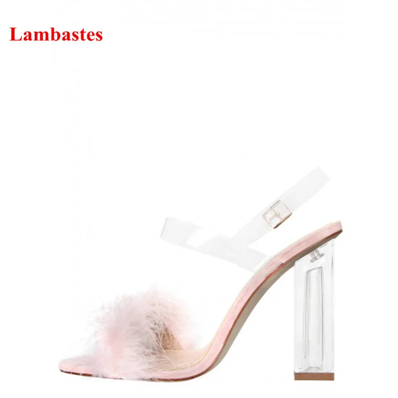 

Pink Open Toe Hairy Feather Design Women Sandals Walkway Thick High Heel Wedding Chaussures Femmes Pvc Transparent Sandals