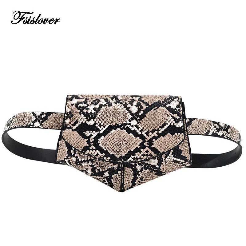 

2019 Women Waist Pack Serpentine Fanny Pack Pu Leather Waist Bag Female Fashion Snake Skin Waist Belt High quality Female Purse