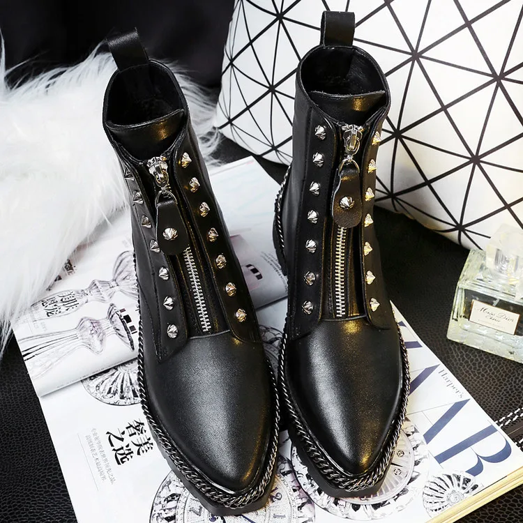 ФОТО 34-39Women's boots 2016 fashion casual rivets handsome genuine leather pointed boots