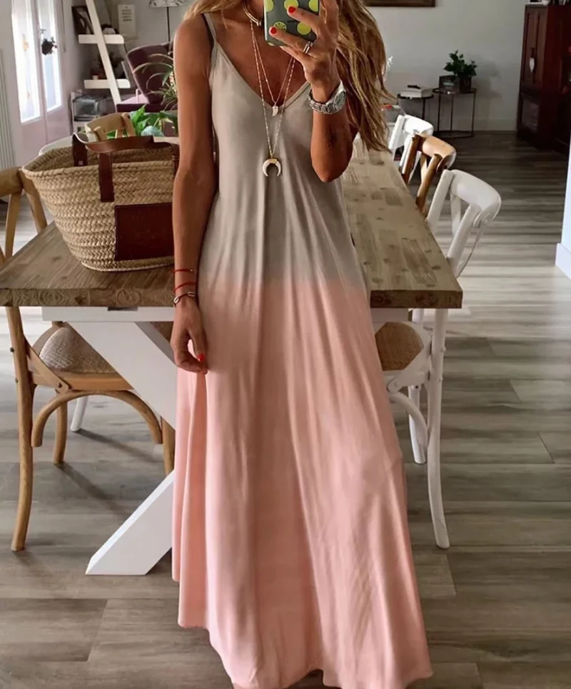 

2019 Summer Women Colorful Gradient Spaghetti Strap Party Dress Boho V neck Beach Long Maxi Dresses Plus Size 3XL