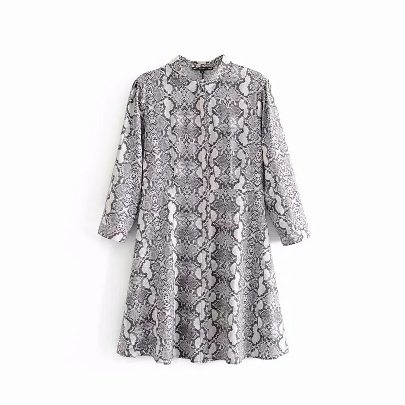 

2019 Women vintage snake skin print shirtdress business a line dress female three quarter sleeve vestidos chic dresses DS2216