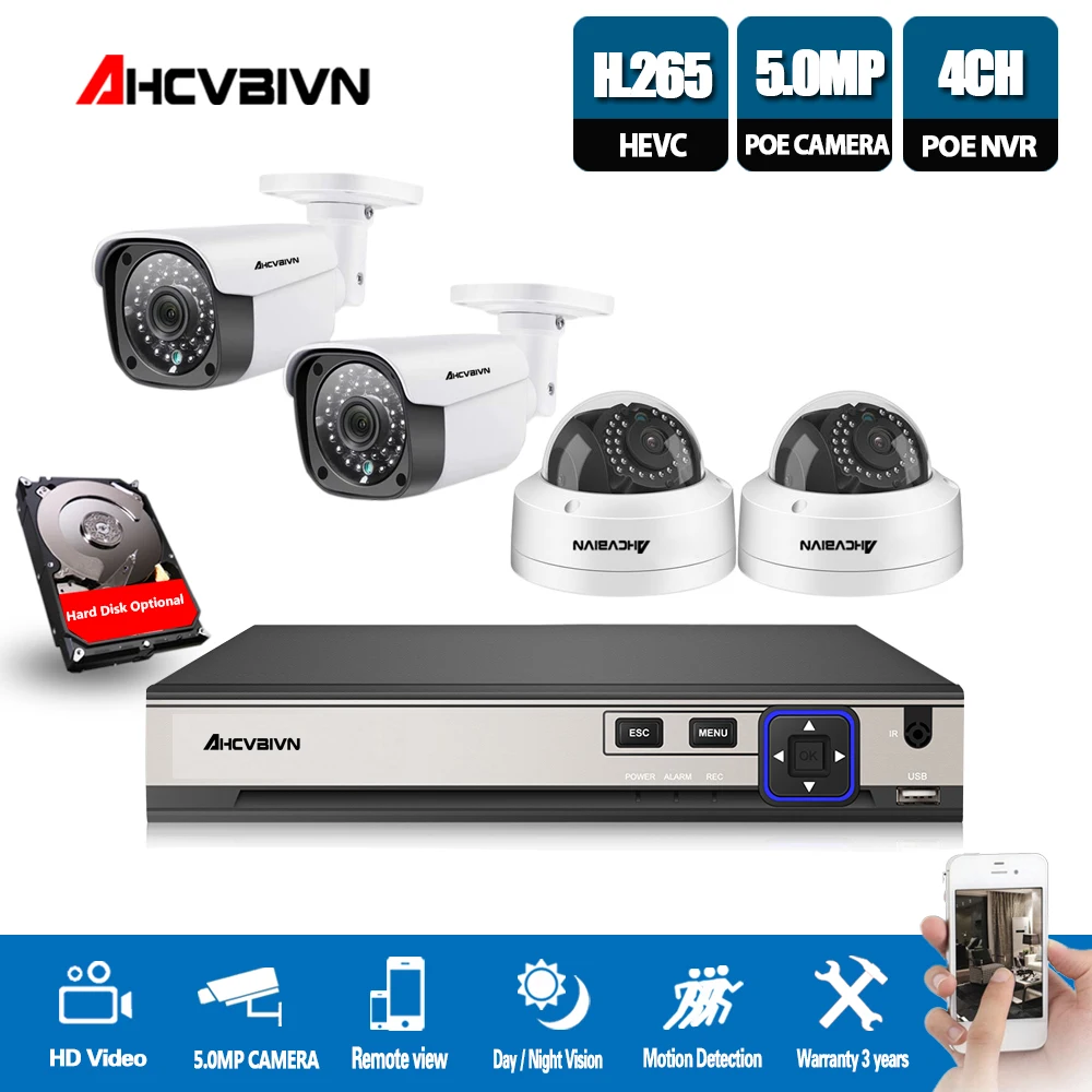 

Video surveillance System 4CH 5MP POE NVR Recorder 4*48V 5MP 2592*1944 Security IP67 Indoor Outdoor Vandalproof IP Camera Onvif