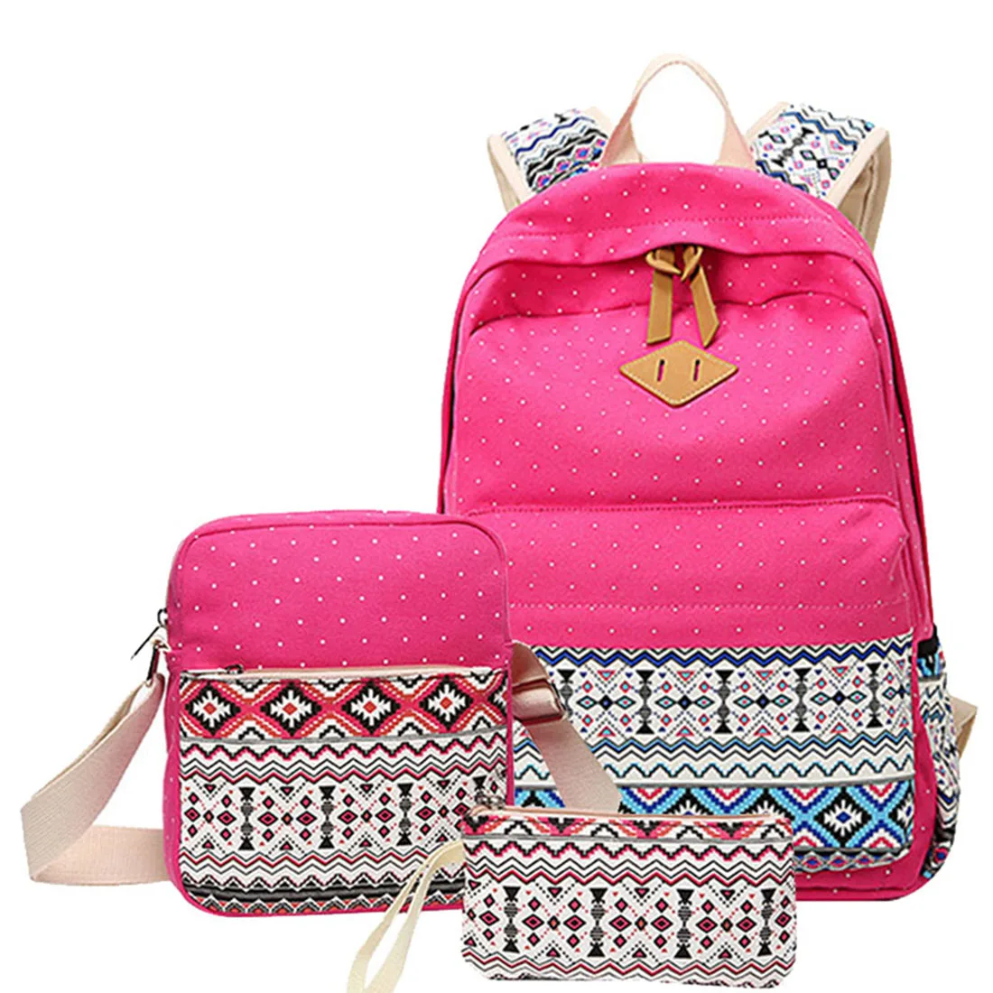 

3 pcs/set Polka Dot Printing Women Backpack Cute Lightweight Canvas Bookbags Middle High School Bags for Teenage Girls