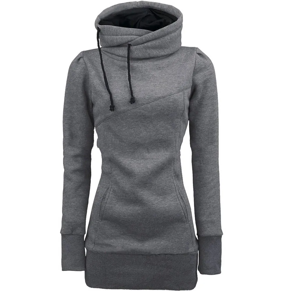 Women casual solid hoodie straight mid length hooded long sleeve