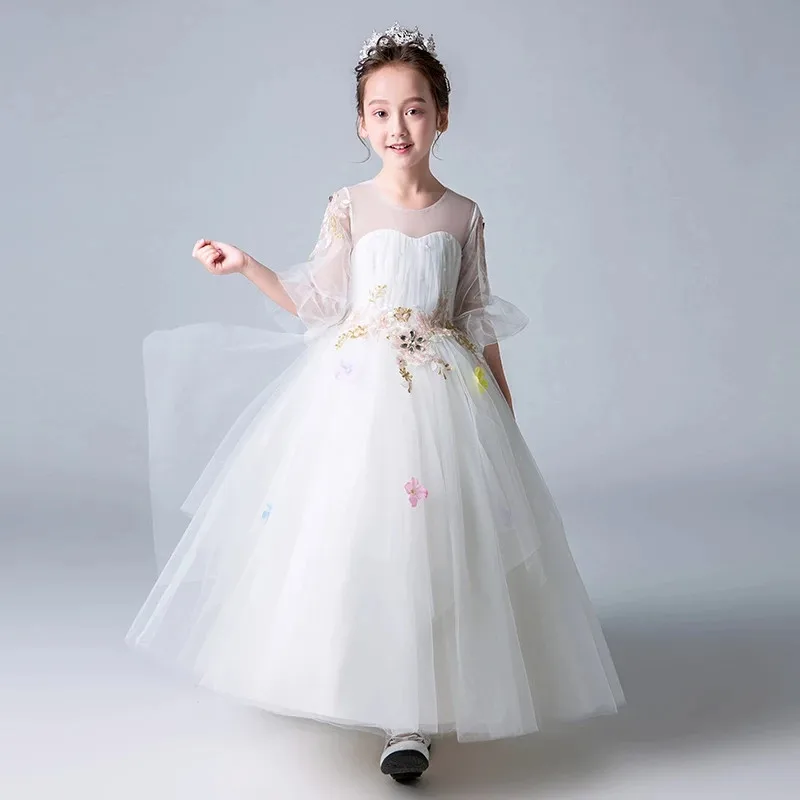 

Kids Girls Elegant Pageant Gowns Birthday Party Ball Gown White Flowers Dress Baby Wedding Appliques Flowers Puff Sleeves Dress