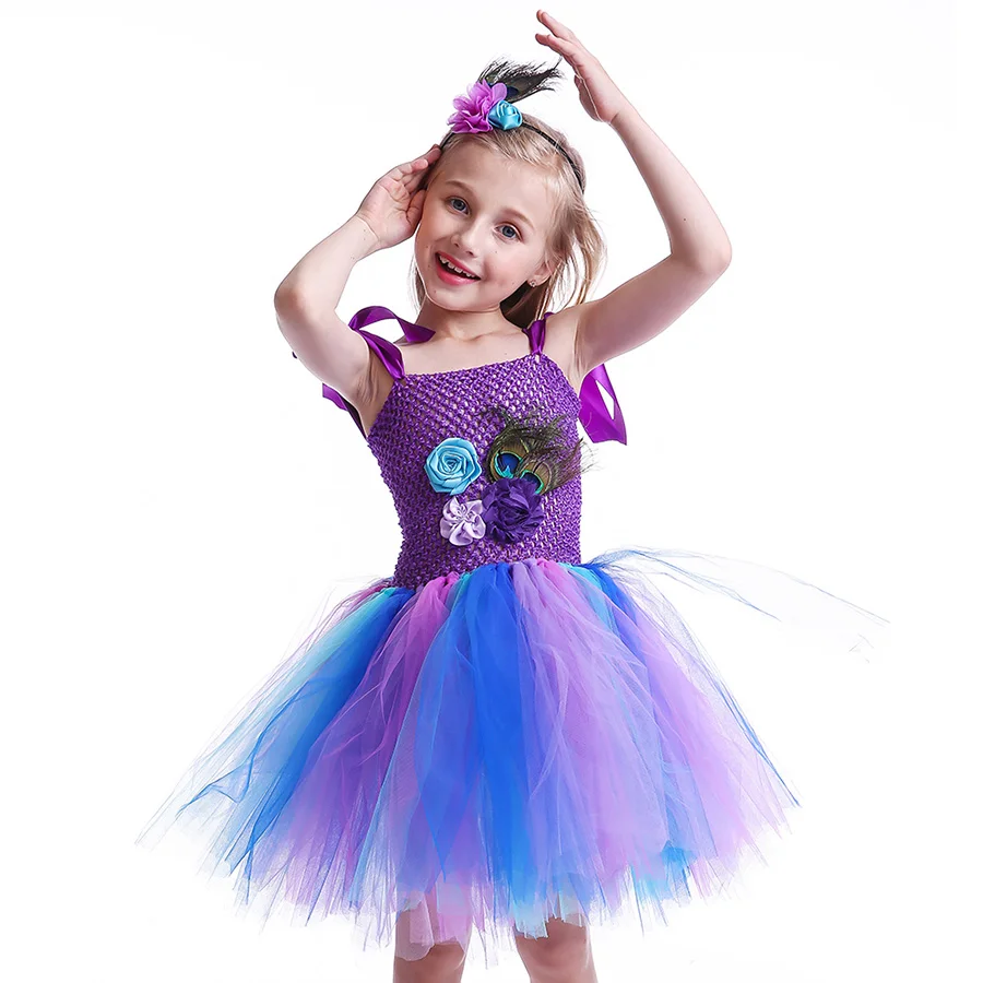 Kids Peacock Feather Halloween Purim Tutu Dress with Hair Hoop Flowers (4)