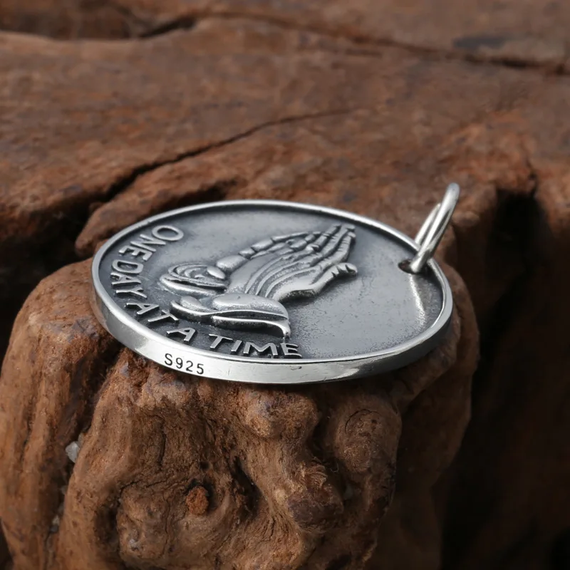 BOCAI S925 Silver Vintage Fashion Round Pendant Personality Prayer Hand Letters for Men and Women