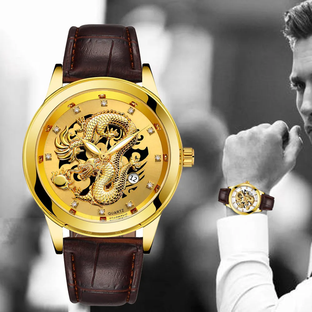 

Luminous Waterproof Function Mens Gold Dragon Sculpture Calendar Quartz Watch Luxury Men Steel Wristwatch relojes para mujer