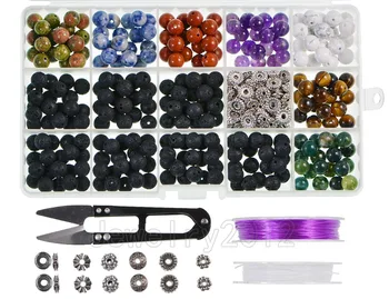 

Natural Gem Stone Set Kits Box Black Lava 8mm 280 Pieces Beads 120 Pieces Accessories With Tools for Bracelet Making In B A Box