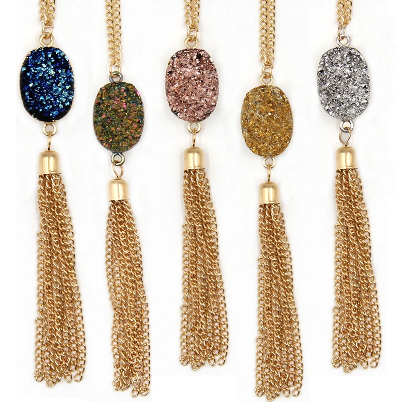 

Fashion Resin Colored Oval Druzy Long Tassel Necklaces Pendants for Women