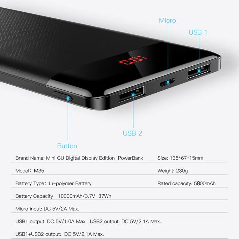 Baseus тонкий внешний аккумулятор 10000 мАч 10000 USB lcd Внешний аккумулятор портативное Внешнее зарядное устройство для мобильного телефона Xiaomi Poverbank