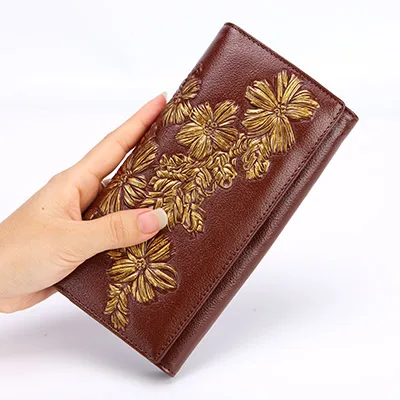 Женский кошелек из натуральной кожи, длинный кожаный клатч, кошелек на застежке, кошелек для монет, женская сумка для телефона, кошелек для монет, модные женские кошельки - Цвет: Brown