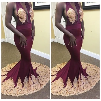 

Sexy African Halter Dark Red Mermaid Prom Dresses 2019 Sleeveless Black Girls Gold Appliques Lace Long Evening Party Dress Gowns