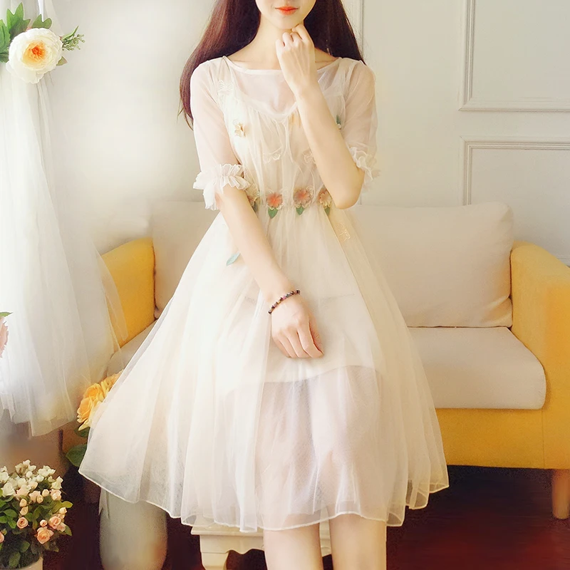 

Mori Girl Sweet Summer Women Party Short Sleeve Ball Gown Princess Dress Floral Embroidery Mesh Gorgeous Slim Dress S M L