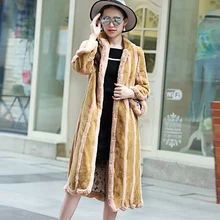Women Winter Plus Size 6XL Faux Rex Rabbit Fur Coat Long Full Sleeve Stripe Color Faux Fur Outerwear XHSD-150