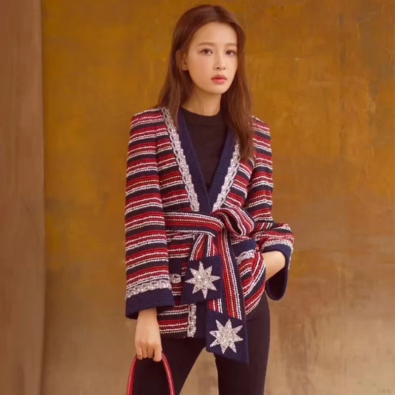 

2018 Coat female spring-autumn stripe fashion tweed women's coats temperament silm clothes casual open stitch coat female vadim