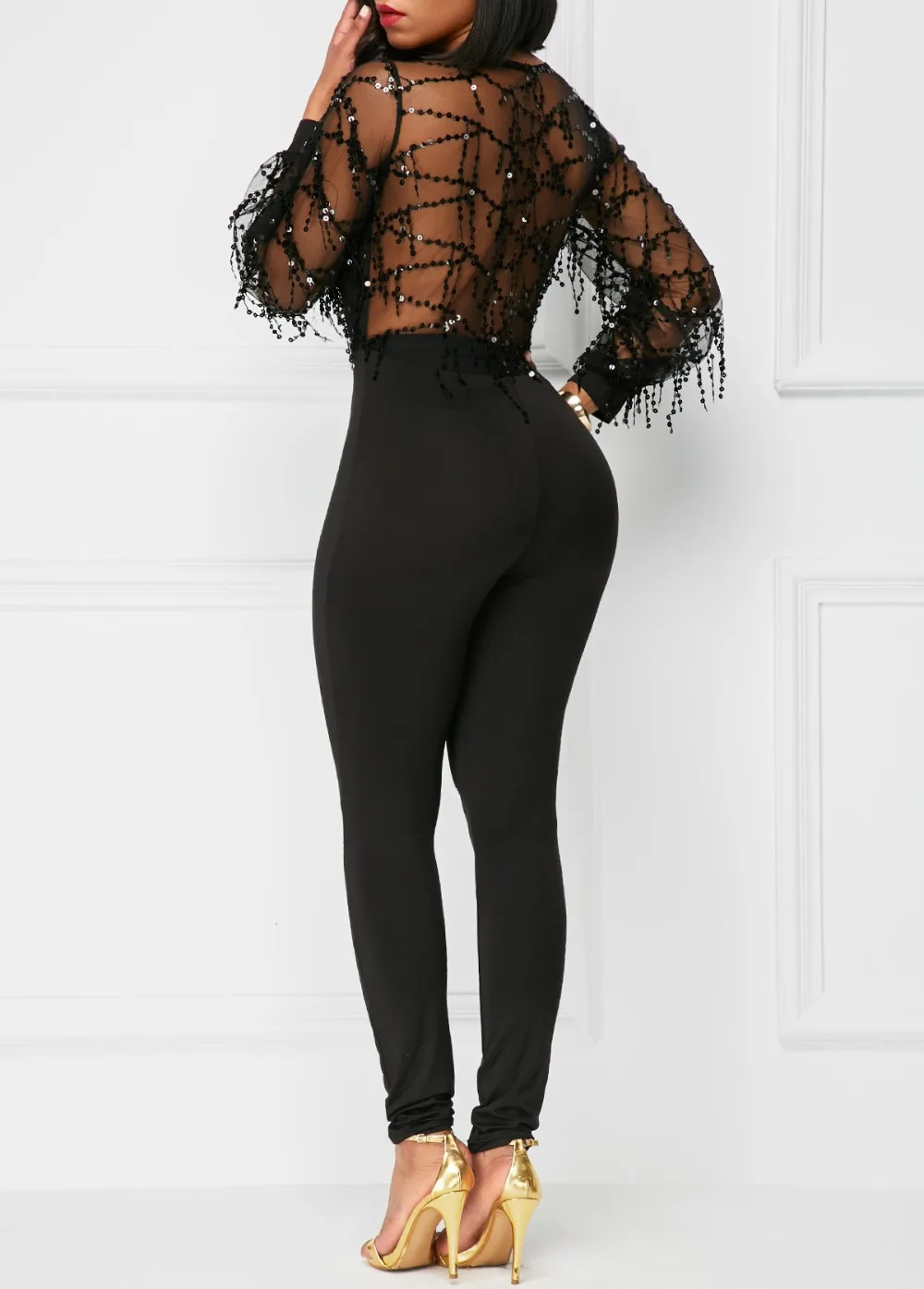 

Rompers Womens Jumpsuits Combinaison Femme Fashion Sequined Mesh Black Long Sleeve Jumpsuit Women Sexy V Neck Romper One Piece