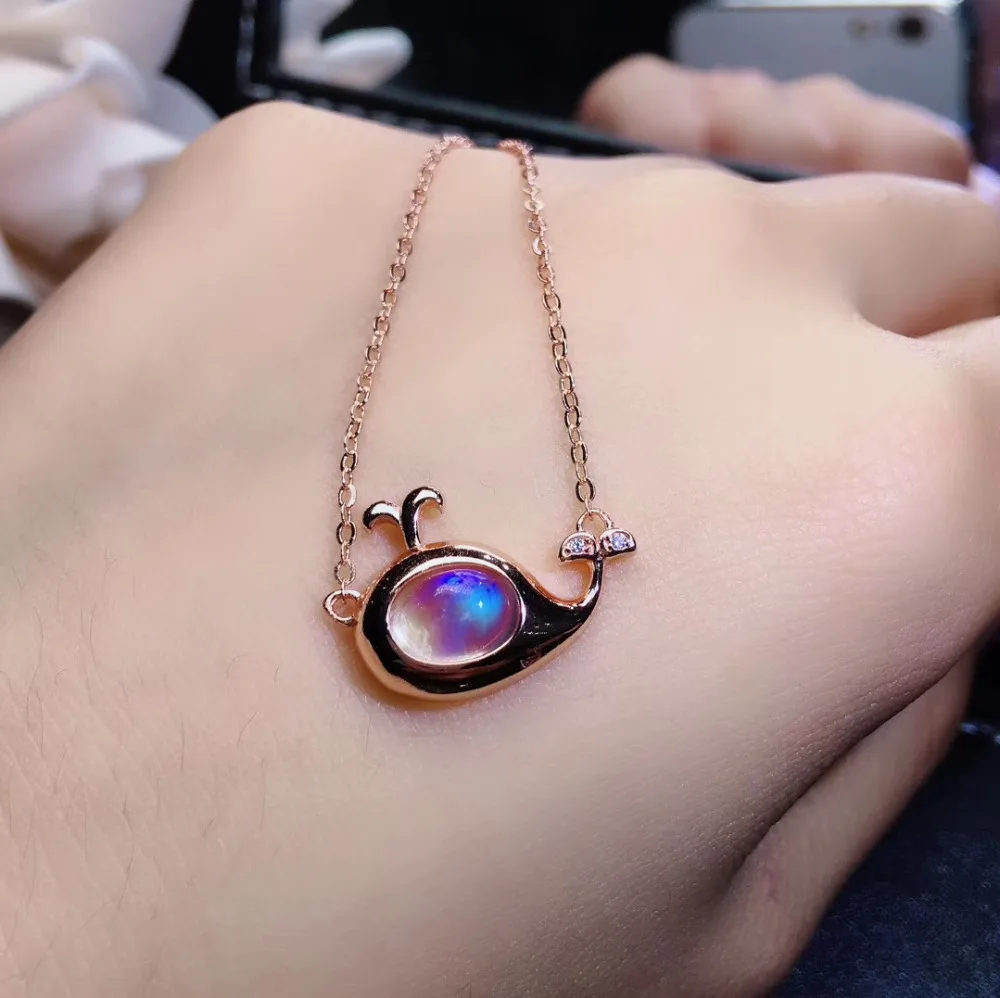 

fashion Lovely Bud fish Natural blue moonstone Necklace natural gemstone Pendant Necklace S925 silver girl party gift Jewelry