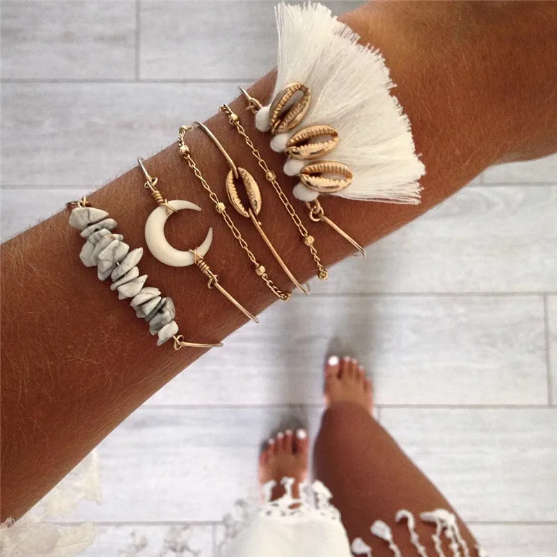 

GIVVLLRY 6 pcs/set Bohemian Stone Bangles for Women Ethnic Handmade White Tassle Shell Resin Moon Charm Bracelets Boho Jewelry