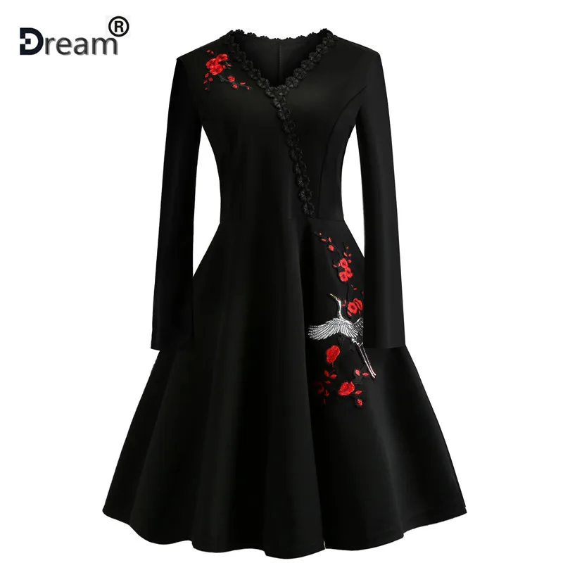 

Flamingo Print Embroidery Vintage Dress Women 50s Rockabilly Autumn Robe A-Line Party Dresses Floral Feminino Vestidos De Fiesta