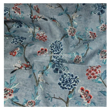 

High quality new ramie printed fabric, bird summer thin fine robe dress fabric