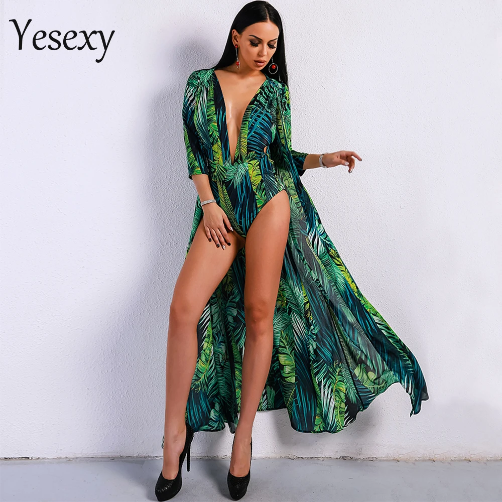 

Yesexy 2019 Summer Maxi Beach Rompers Boho Green Deep V Playsuit Print Bohemian Long Sleeve Sexy Long Bodysuit VR9111