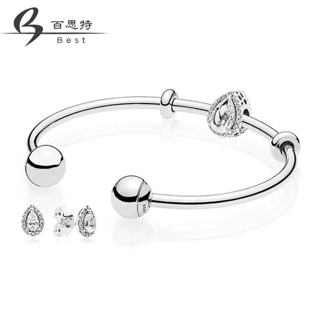 

BEST 100% 925 Sterling silver Radiant Teardrop Open Bangle and Earrings Set Clear CZ fit DIY charm Bracelets jewelry