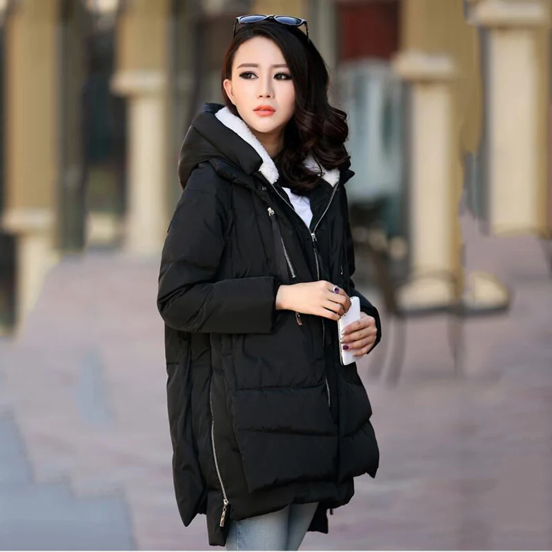 Женская зимняя хлопковая куртка, черная куртка на молнии с капюшоном и большими карманами, плотная теплая длинная верхняя одежда, парки ватного размера плюс