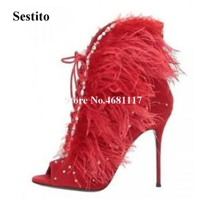 

New Fashion Women Peep Toe Suede Leather Rhinestone Fur Thin Heel Short Boots Cut-out Crystal Feather High Heel Ankle Boots
