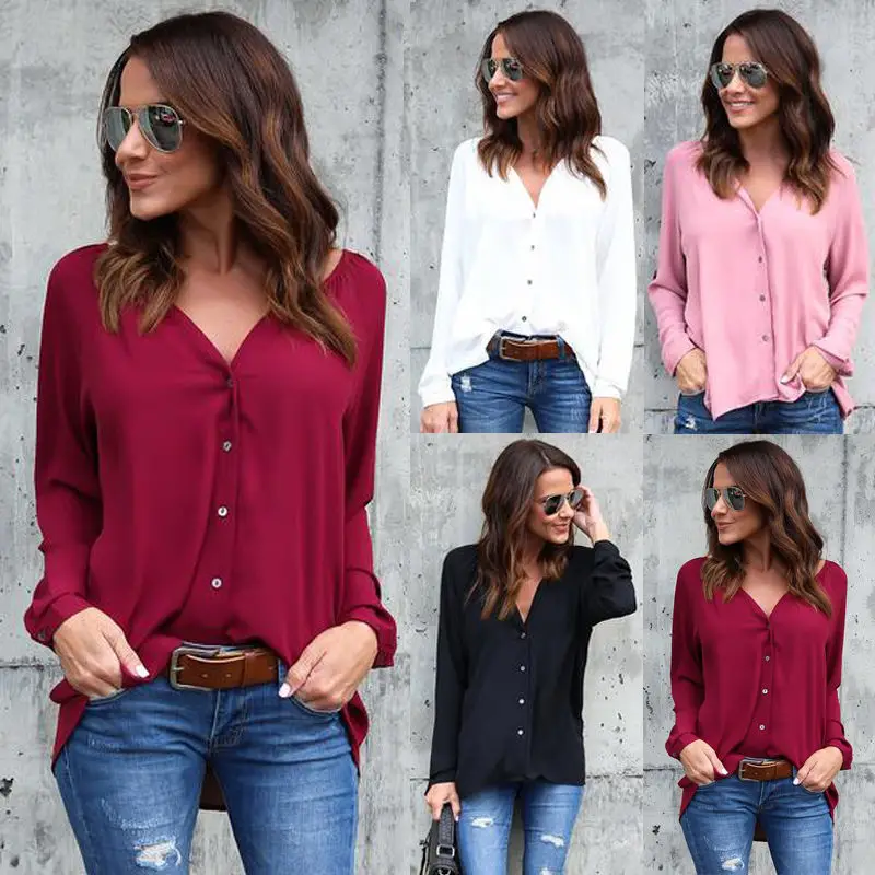 

Fashion Women's Long Sleeve Loose Blouse Casual Shirt Summer Buttons V Neck Tops Shirts Clothes Wine Red