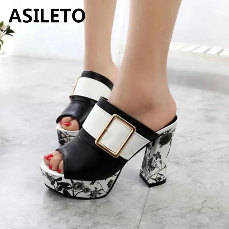 

ASILETO Women sandals heels Platform Mules Summer shoes woman Buckle square heel fish sandals printed buckle sandalias mujer633