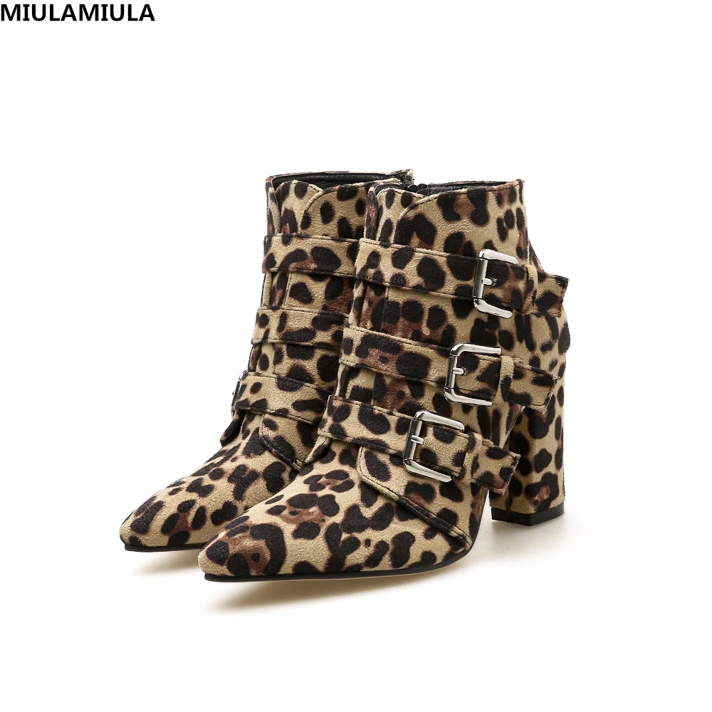 

MIULAMIULA Brand Designer 2018 Sexy Wild Snake Leopard Multiple Buckle Belt Woman Short Boots Zipper High Square Heels 9CM 35-40