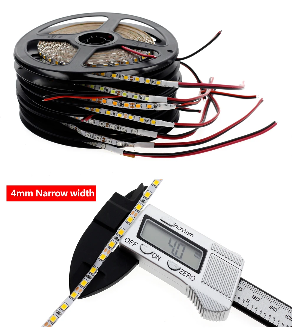 4 мм узкий Ширина DC12V Светодиодные ленты 2835 120 светодиодный/м 5 метров Гибкая свет белый, теплый белый, синий, зеленый, красный без