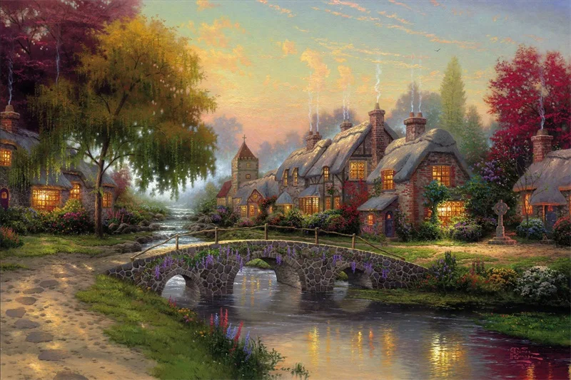 

Thomas Kinkade Cobble stone Bridge Canvas landscape Prints Canvas home Wall Art Decoration Dropshipping
