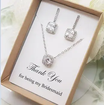 

Customize text wedding Bridesmaid maid of honor Cubic Zirconia Necklace dangle crystal Necklace earrings set flower girl gifts