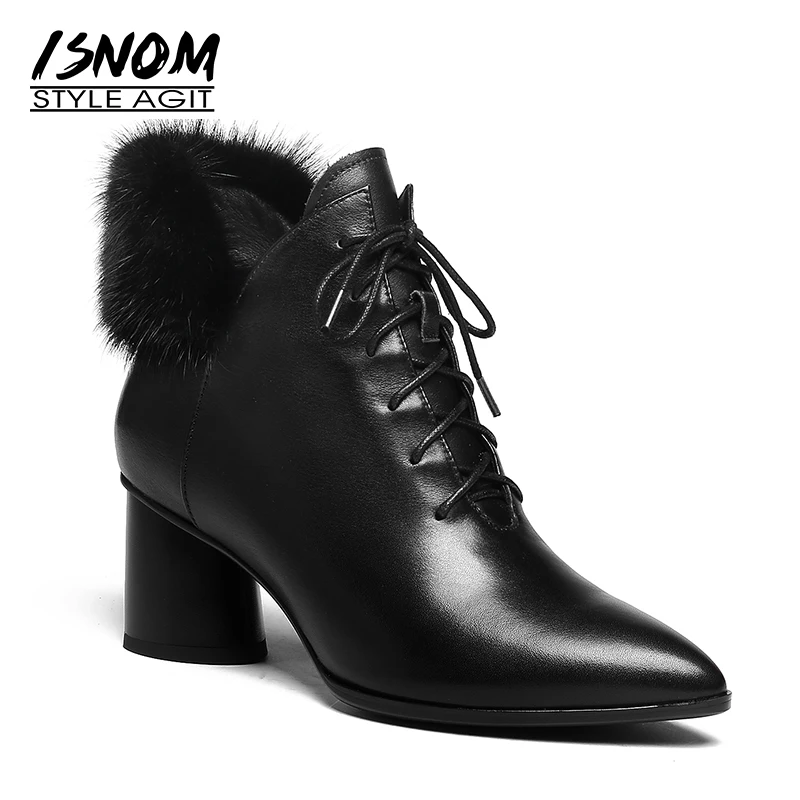 

ISNOM Thick High Heels Women Ankle Boots Lace Up Pointed Toe Footwear Genuine Leather Fur Female Boot Shoes Women 2018 Black New