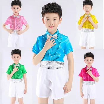 

Boys Flower Children Summer Short Sleeve Sequins Party And Wedding Birthday Clothing Sets For Boys Piano Perform Dance Costume