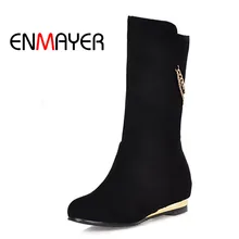 ENMAYER Women Fashion Mid-Calf Winter Boots Height Increasing High Heel Square Heel Shoes Woman Black Red Slip-on Woman Boots new fashion autumn winter mid calf boots for women height increasing wedges shoes beige black boots white pearls beaded boots