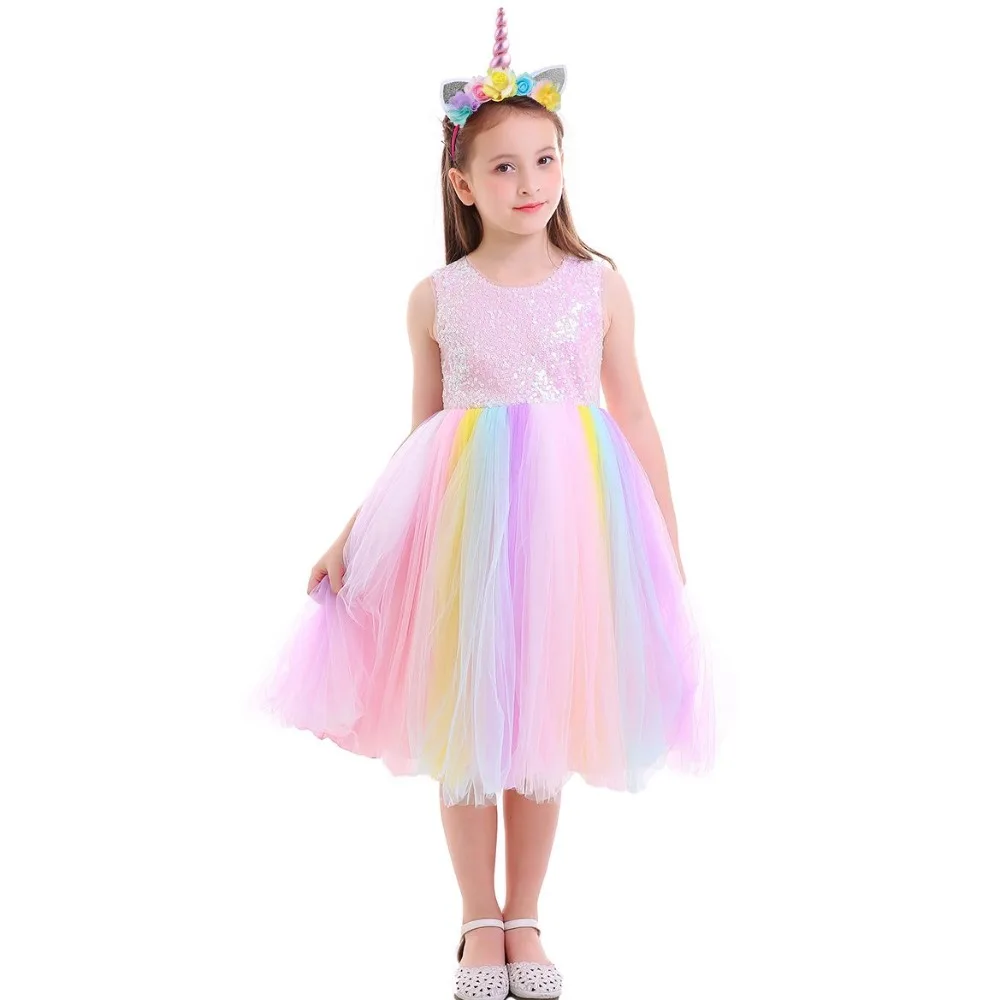 

2pcs Kid Girl Clothes Set Rainbow Unicorn Headband Princes Dress Cute Bow Ball Gown Dresses Wedding Birthday Girls Dress 4-12Y