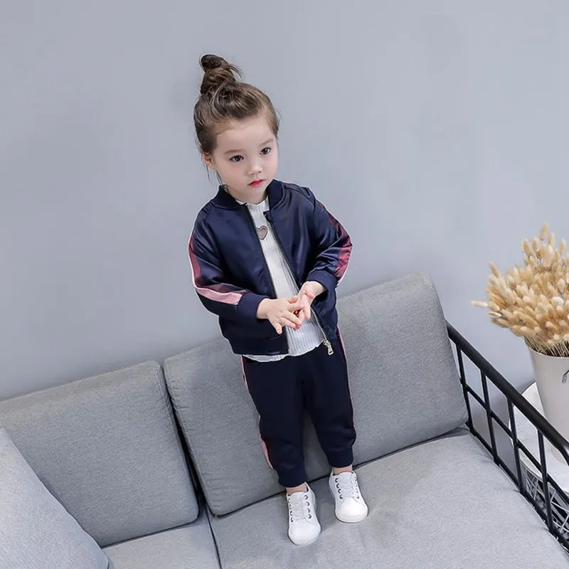 Spring Little Girls Baseball Uniform Zipper Jacket + Sport Pant 2pc Clothing Sets New Arrival Casual Childrens Sets