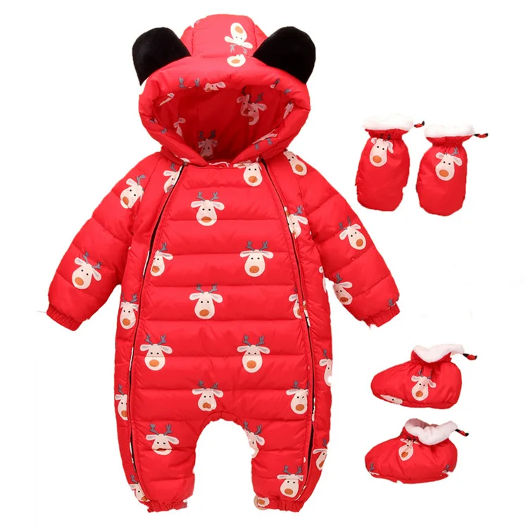 

2018 Winter warm Baby duck down Rompers infant Boy Thick Jumpsuit baby girl Snowsuit Kid Newborn Clothes 3pc romper+shoes+gloves