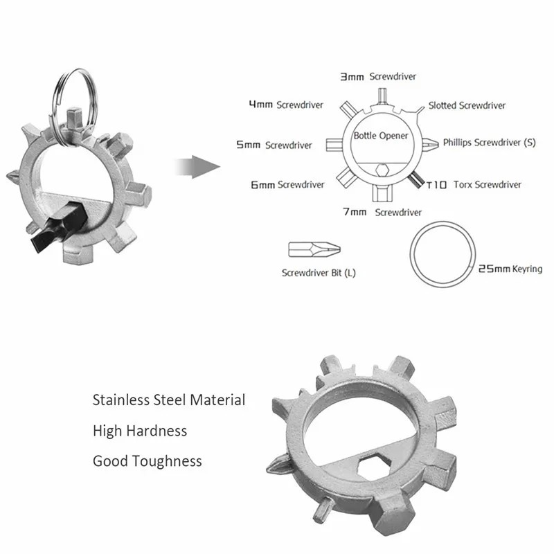 EDC многофункциональная из нержавеющей стали для повседневного использования Toos 12 функциональная отвертка, брелок для ключей открывалка для бутылок приспособление для регулировки велосипеда для выживания кемпинга