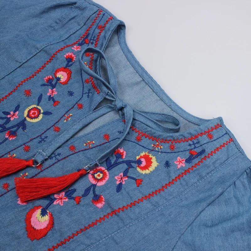 Hurave/Одежда для маленьких девочек на завязках с рукавами-фонариками; детское платье; повседневные джинсовые платья с вышивкой и кисточками для младенцев