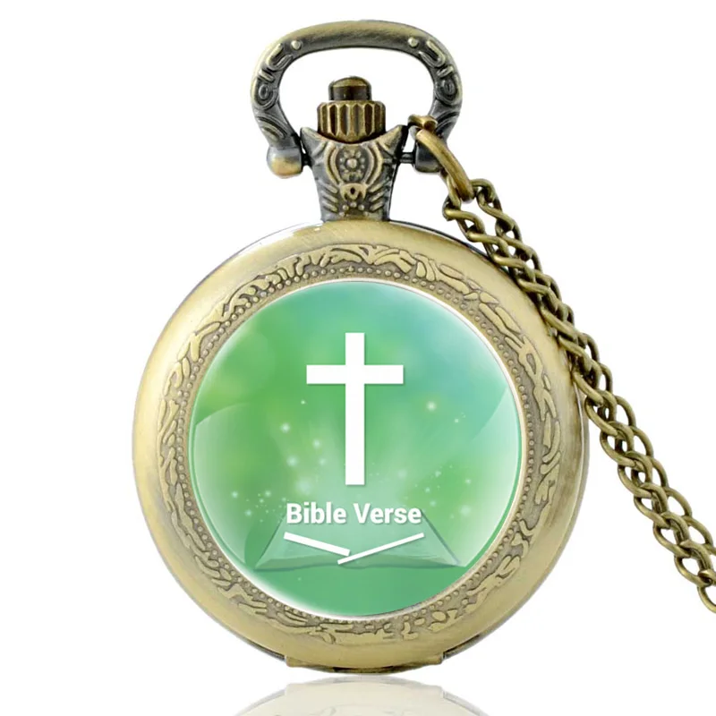 

Retro Bronze Bible Verse Cross Quartz Pocket Watch Vintage Men Women Religious believer Necklace Watch Gifts